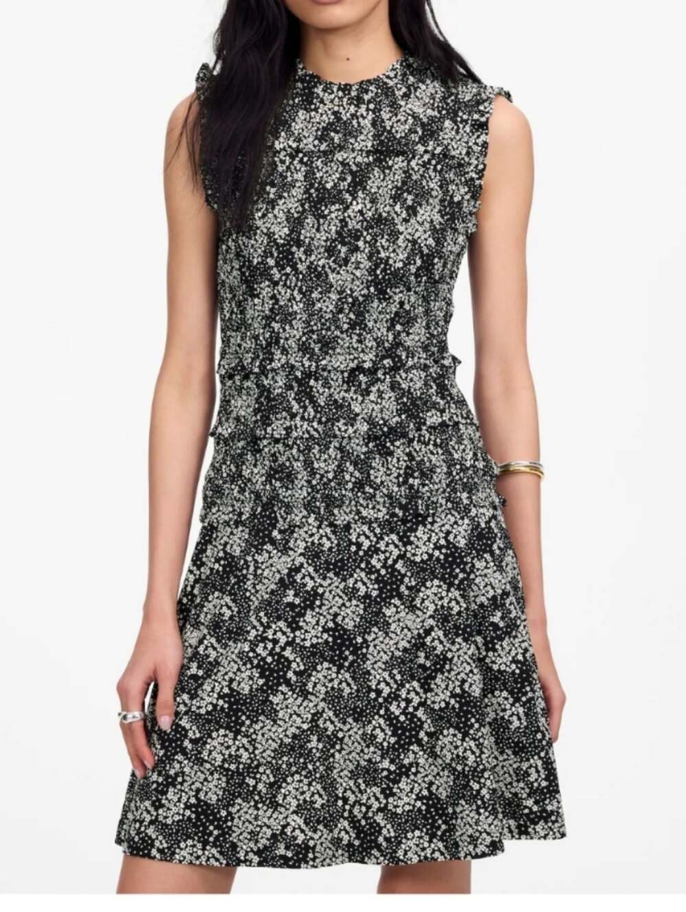 NWT Madewell Smocked Crewneck Mini Dress Black And White Floral XS Size 2 Cotton